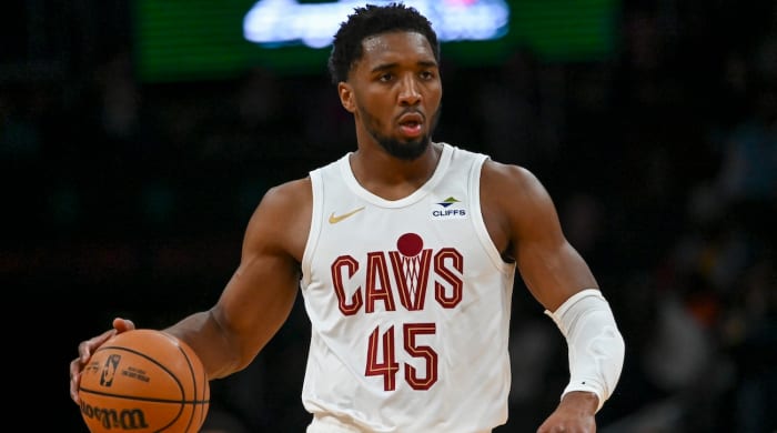 Cleveland Cavaliers guard Donovan Mitchell (45) dribbles up the court during the first half against the Washington Wizards at Capital One Arena in Washington, D.C., on Feb. 25, 2024.